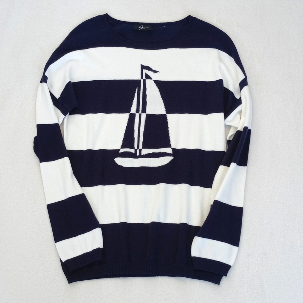 Cyrus Navy & White Stripe Sailing Yacht/ Boat Long Sleeve Nylon Blend Sweater M - Picture 10 of 13